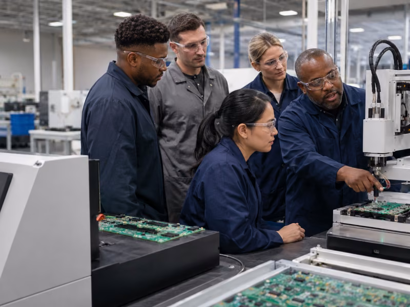 A diverse group of manufacturing workers and an instructor examine automated electronics assembly equipment during a hands-on training session.