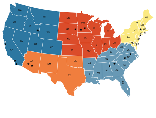 This is a map with stars in the states that EMAC has had impact on