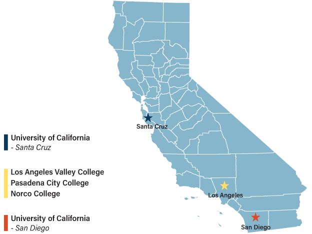 Map of California highlighting schools EMAC has partnered with