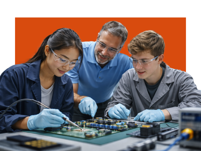 A group of people learning and training with a PCB board