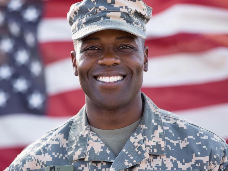 Veteran in gear smiling in front of the American flag