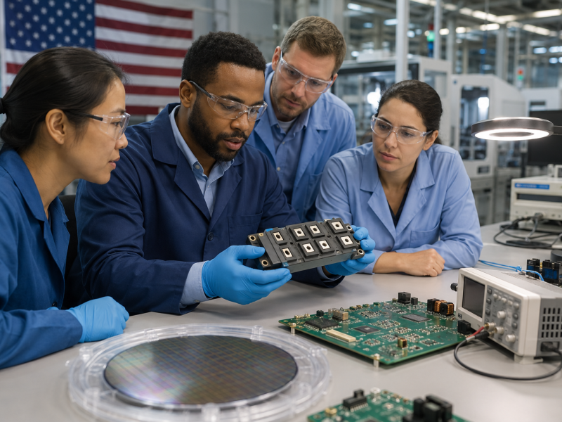 Technicians in safety glasses examine a power semiconductor module at an electronics manufacturing workbench.
