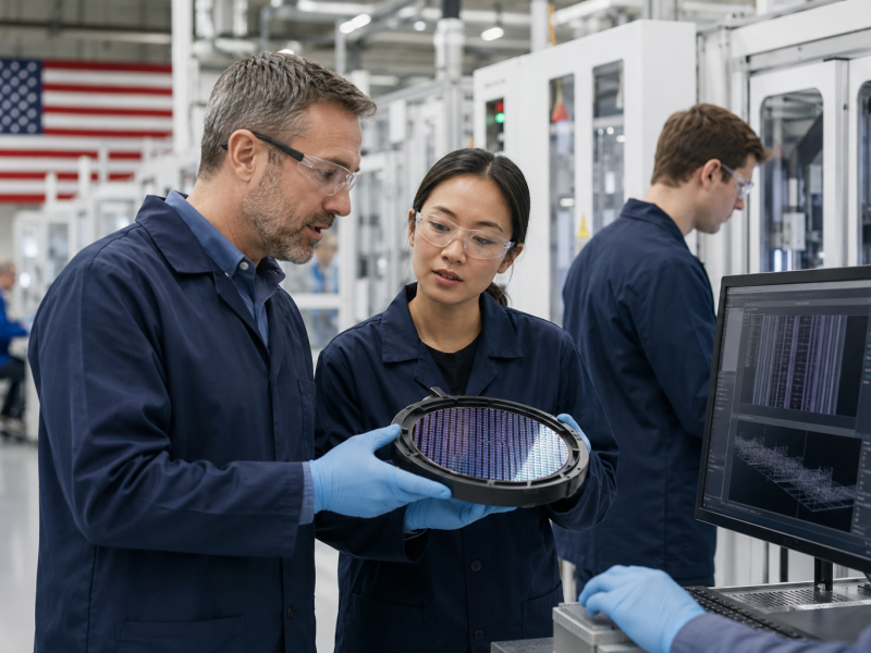 Technicians in safety glasses review semiconductor manufacturing equipment and a wafer carrier in a modern advanced manufacturing training environment.