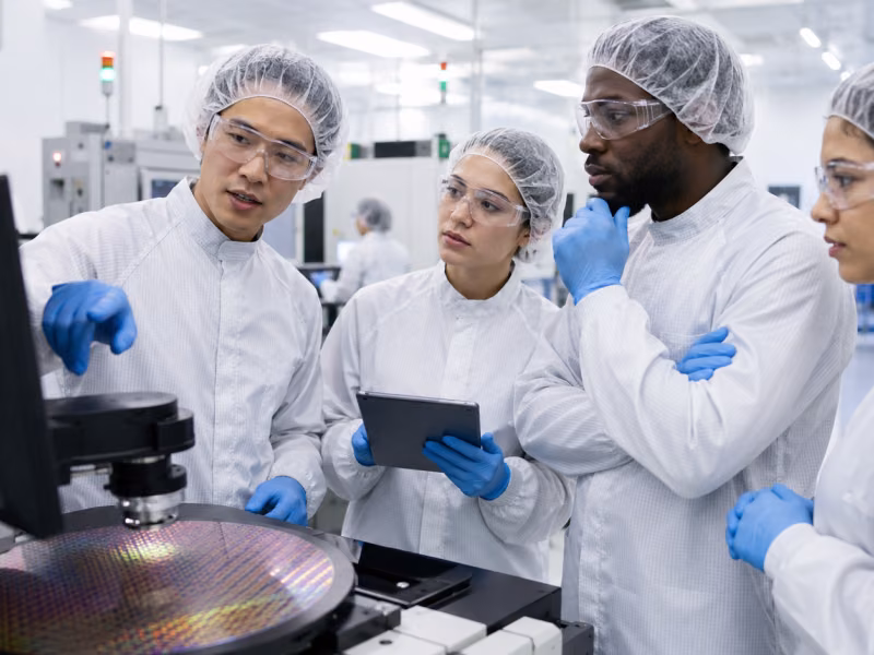 Technicians in cleanroom gear review wafer inspection equipment in a semiconductor manufacturing training environment.