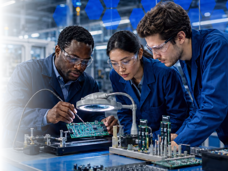 An instructor guides two trainees as they inspect a circuit board in a modern electronics manufacturing facility.