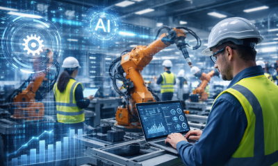 Engineers working on a smart manufacturing floor with robotic arms and AI data dashboards, illustrating digital transformation in manufacturing.