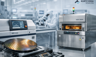 High-resolution image of a semiconductor manufacturing cleanroom featuring advanced thermal processing equipment, including inline reflow and vacuum reflow systems, a semiconductor wafer in the foreground, and an engineer in full cleanroom attire working at a microscope in the background.