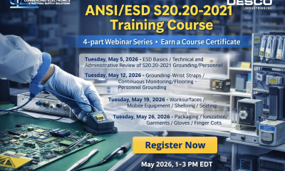 Promotional graphic for the ANSI/ESD S20.20-2021 Training Course hosted by Desco Industries and CE3S, featuring an ESD-safe workstation with a technician wearing a wrist strap, circuit boards on a grounded mat, monitoring equipment, and a schedule highlighting four May 2026 webinar dates with a “Register Now” call to action.