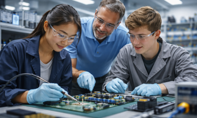 Image of two high school engineering interns working hands-on at an electronics lab bench, soldering and assembling a circuit board while a mentor stands between them offering guidance. All three wear safety glasses and gloves, surrounded by semiconductor equipment and tools in a professional manufacturing environment.