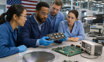 Technicians in safety glasses examine a power semiconductor module at an electronics manufacturing workbench.