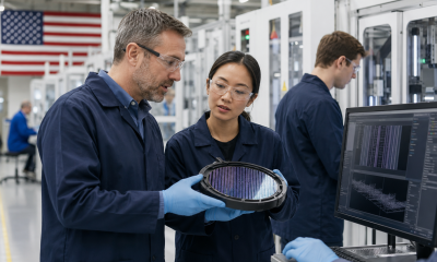 Technicians in safety glasses review semiconductor manufacturing equipment and a wafer carrier in a modern advanced manufacturing training environment.