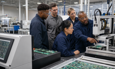 A diverse group of manufacturing workers and an instructor examine automated electronics assembly equipment during a hands-on training session.