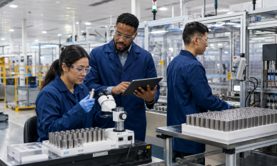 Three manufacturing professionals inspect cylindrical battery cells and monitor automated equipment inside a modern U.S. production facility.