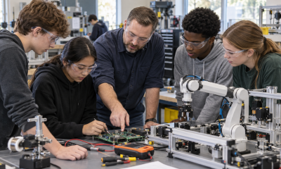 High school students wearing safety glasses work with an instructor on a circuit board and robotic automation system in an advanced-manufacturing classroom.