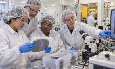 An instructor and industry advisor guide adult learners through wafer inspection and test results in a semiconductor training laboratory.