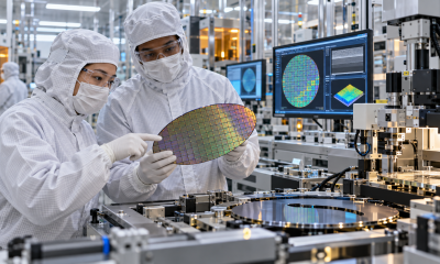 Two semiconductor manufacturing technicians inspect a silicon wafer beside metrology equipment in a modern cleanroom.