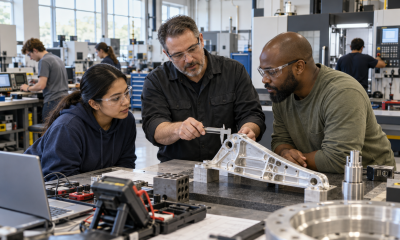 An instructor guides an early-career student and a veteran trainee as they inspect a precision-machined component in a modern advanced manufacturing laboratory.