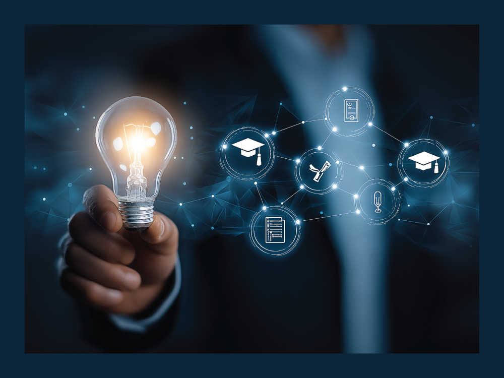 Light bulb with education icons