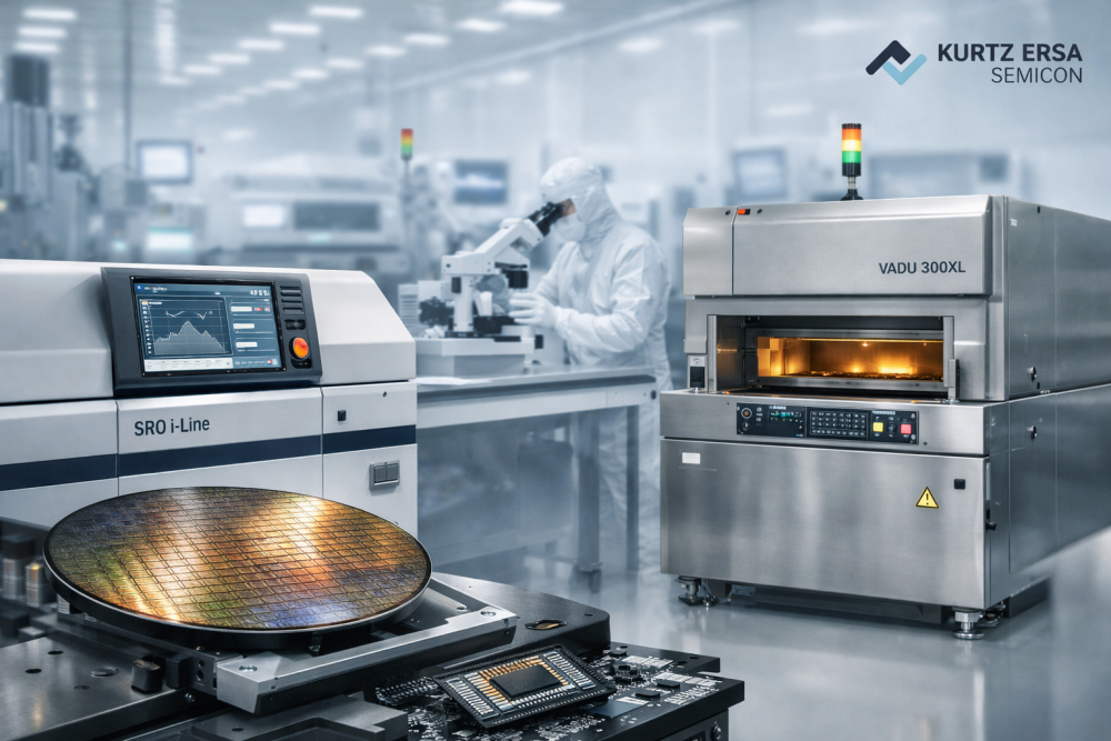High-resolution image of a semiconductor manufacturing cleanroom featuring advanced thermal processing equipment, including inline reflow and vacuum reflow systems, a semiconductor wafer in the foreground, and an engineer in full cleanroom attire working at a microscope in the background.