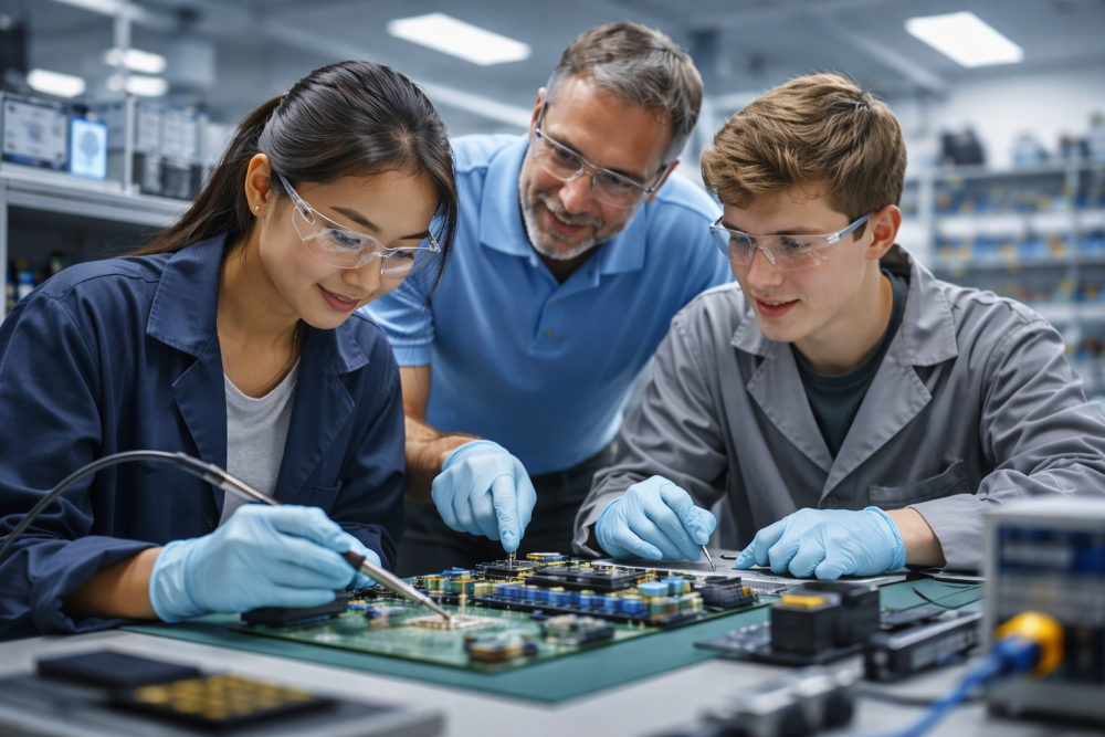 Image of two high school engineering interns working hands-on at an electronics lab bench, soldering and assembling a circuit board while a mentor stands between them offering guidance. All three wear safety glasses and gloves, surrounded by semiconductor equipment and tools in a professional manufacturing environment.