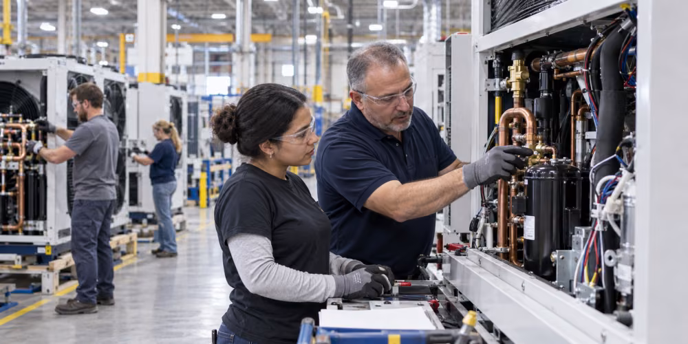 Manufacturing employees inspect copper tubing and mechanical components while assembling industrial cooling equipment on a modern factory floor.